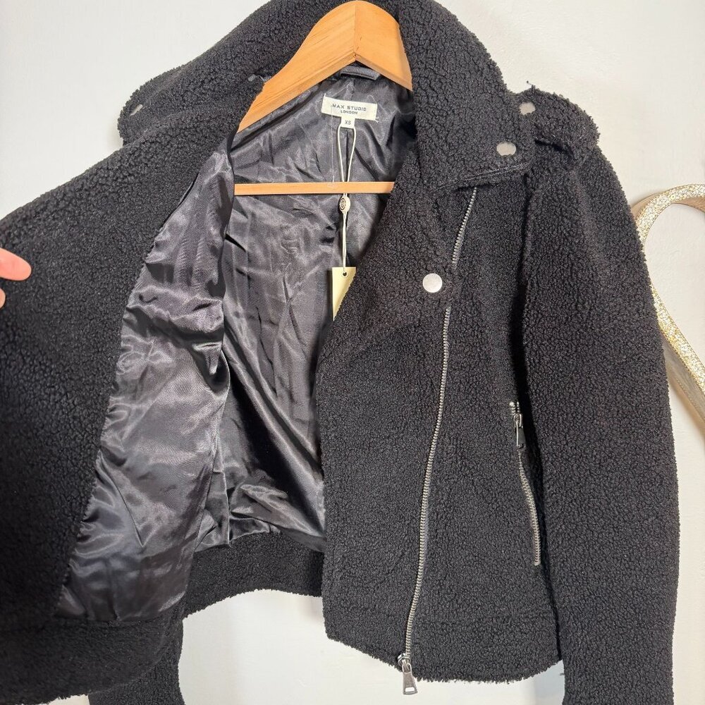 Max Studio Womens Utilitarian Moto Cropped Plush Faux Shearling Jacket XS Black - Picture 6 of 11